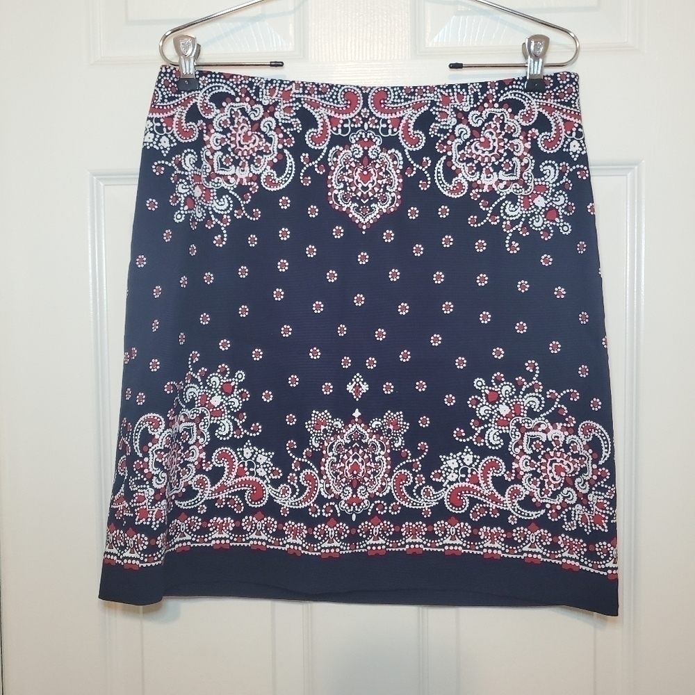 Talbots Skirt Floral Paisley Red White Blue Sz 6